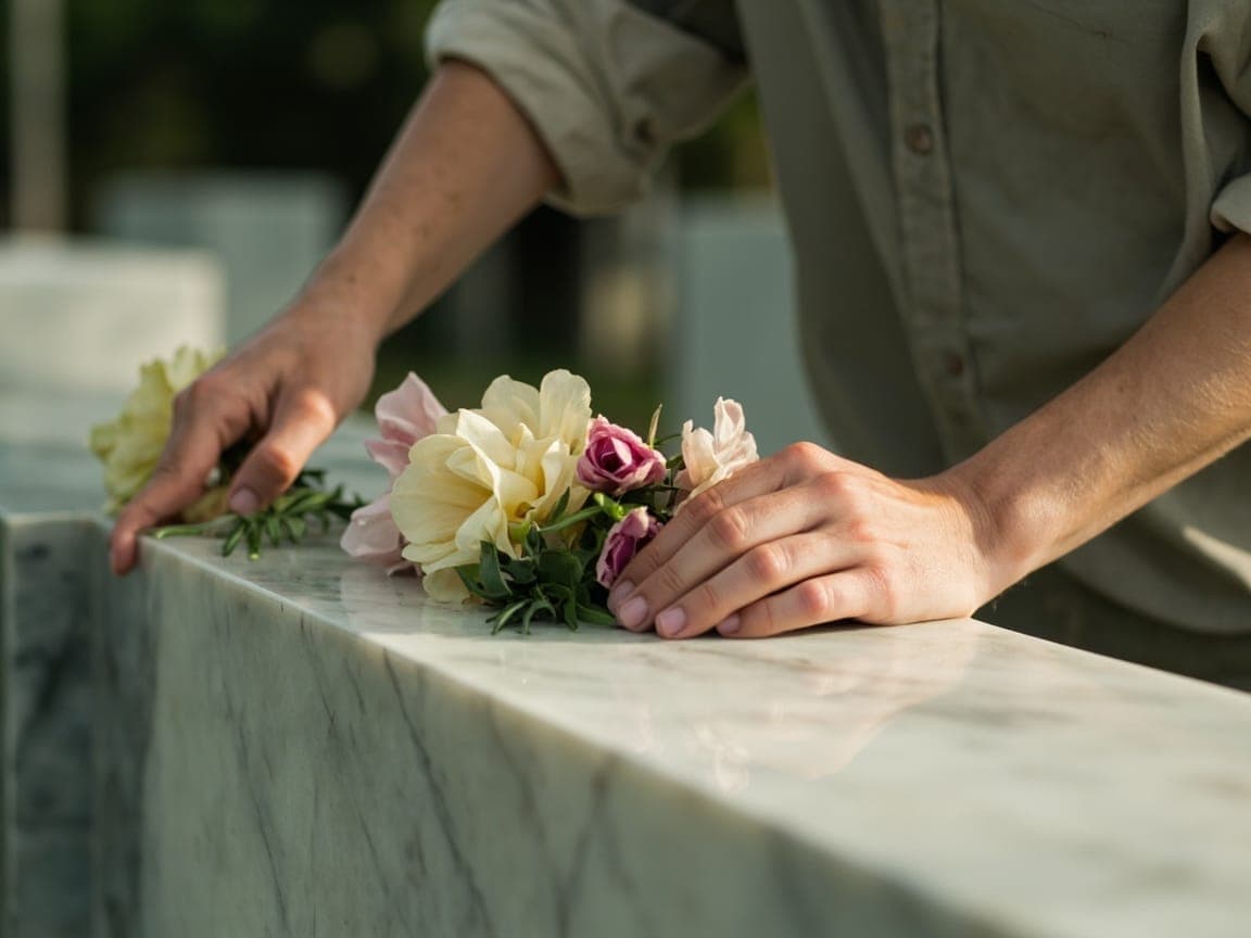 Mãos a colocar flores numa campa